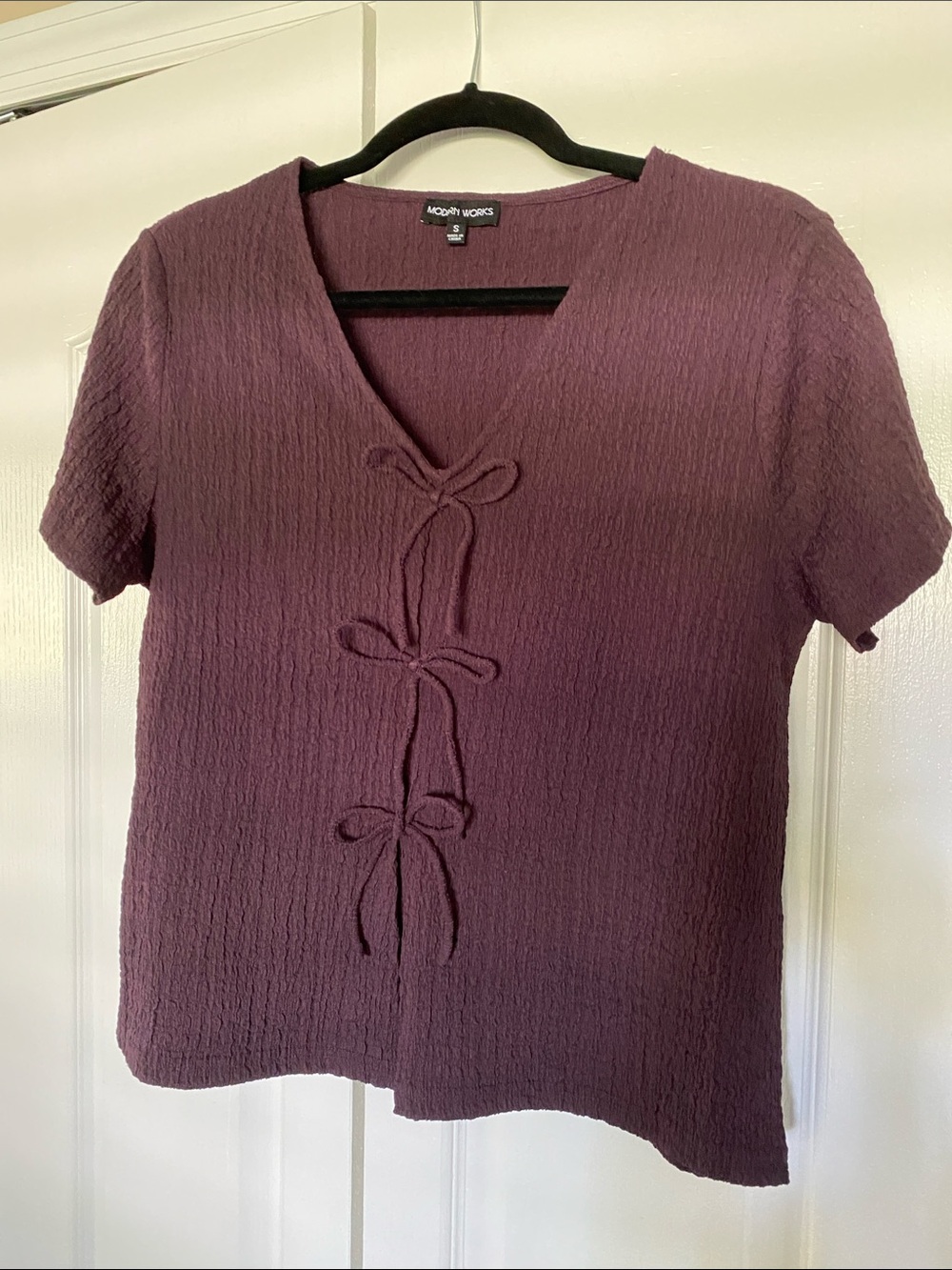 Modern Works Short Sleeve Tie-Front Blouse - Plum
